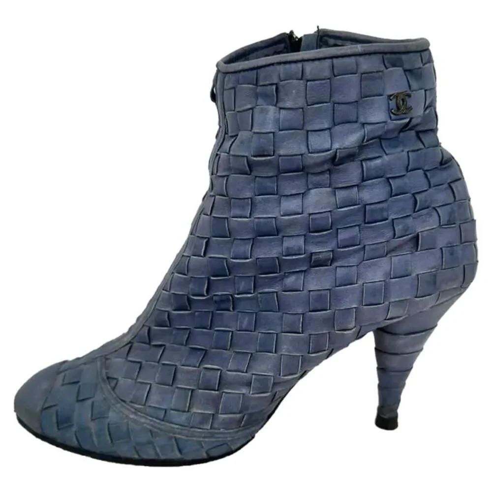 Chanel CC Woven Accent Ankle Boots in Blue Leather